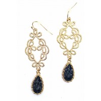 Black Teardrop Druzy Stone Filigree Earrings